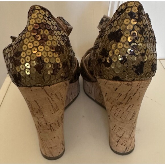 Inc International Concepts Sequin Cork Wedge Sandals 8.5M Brown Gold Ankle Strap - Picture 4 of 7